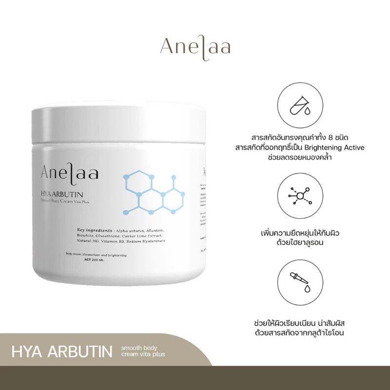 (ของแท้100%)(พร้อมส่ง)#ครีมไจ๋ Anelaa Hya Arbutin smooth body cream Vita Plus