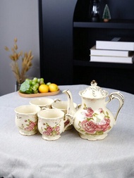 10入組陶瓷茶具套裝,歐式復古玫瑰圖案,包括水杯、淺黃色茶壺與茶匙,適用於下午茶、餐廳、客廳
