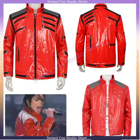 Punk Michael Jackson Red Jacket Cosplay MJ MICHAEL JACKSON CUSTOM Classic Beat It MV Red Zipper Leat