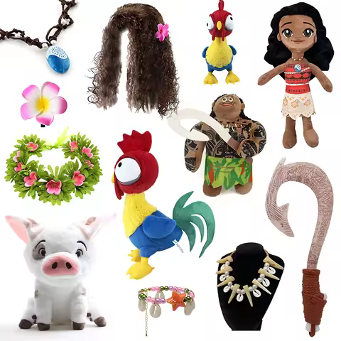 Movie MOANA Cosplay Wig and Necklace Flower Clip Dress Up Set Halloween Vaiana Costume Accessories M