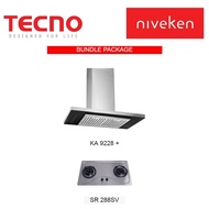 TECNO KA 9228 Chimney Cooker Hood with Decorative LED Lights + Tecno SR 288SV 2-Burner 90cm Stainless Cooker Hob