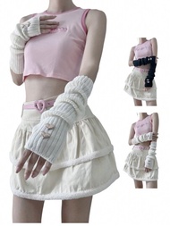 1雙可愛女孩白色心形手臂暖器,春季新品編織黑色手套/袖套,y2k風格,日本簡約風格無指手套/袖子,飾有心形圖案,洛莉塔時尚手臂套,適用於日常/約會/家居/戶外使用