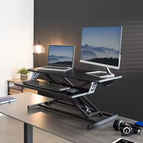 Height Adjustable 32 inch Stand Up Desk Converter, Quick Sit to Stand Tabletop Dual Monitor Riser Wo