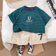 Little boy's summer new casual set T-shirt+shorts two-piece set of boy's striped handsome half sleev