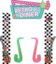 Peryiter 7 Pcs 50's Retro Diner Banner Flame Guitar Vintage Saxophone Back to 50's Theme Party Decor