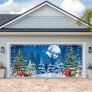 1pc Christmas Garage Door Cover, Polyester Holiday Decor, Reindeer & Snowy Forest Scene, Machine Was