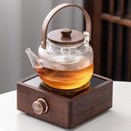 琨德家用圍爐烤茶胡桃木小型電陶爐玻璃蒸茶器燒水壺煮茶壺電熱爐