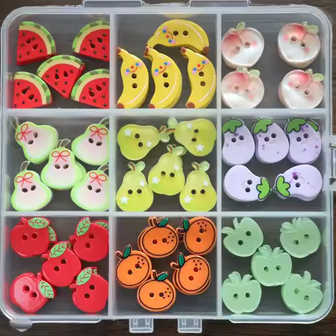 90pcs Fruit Shaped Buttons - Boxed 9 Designs, 10 Each, for Sewing, Scrapbooking, Clothing & Bag DIY