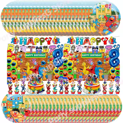 SEsame-Streets Birthday Party Decoration Biscuit Monster Plate Cup Cake Topper Flag Background Ballo