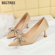 BIGTREE Ladies High Heels 1961-H61 Light Luxury Rhinestone Bow Pointed Stiletto Mid-Heel Satin Wine 