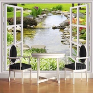 【SA wallpaper】 Custom Self-Adhesive Waterproof Mural Wallpaper 3D River Stone Window Garden Landscape Wall Painting Living Room Kitchen Sticker