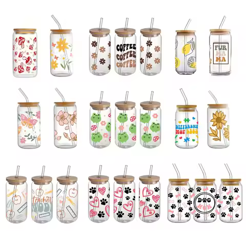 1pc 6oz Clear 3D Printed Sublimation Glass Cup With Bamboo Lid&Glass Straw Drinking Cups With Waterp