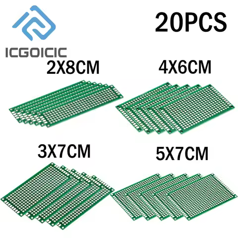 20Pcs Double-Sided PCB Prototype Kit - 2X8, 3X7, 4X6, 5X7 Tinned FR4 Boards - Universal Perf Boards 