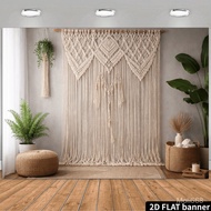 a 2D Plane Wave Bohemian Style Bedroom Backdrop Features Bed in The Center Adorned with Beige Knitte