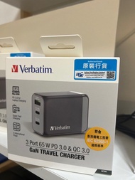 全新 香港行貨 門市現貨 Verbatim 3 Ports 3 端口 66963 65W PD 3.0 QC 3.0 GaN USB C x 2 USB 充電器 旅行充電器 Type C USB 智能充電 國際轉插