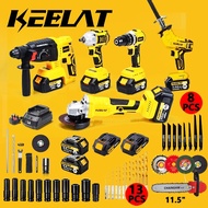 KEELAT 4 in 1 Tool Set Brushless Cordless Impact Drill Combo/Impact Wrench Heavy Duty Gun/Angle Grinder Rotary Hammer Drill Battery Portable Tool Kit