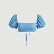 ท็อปเสื้อครอปสีน้ำเงินคอสแควร์แขนพองระบายลูกไม้เปิดหลังสำหรับไปเที่ยว WYWH