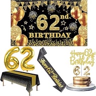 62nd Birthday Decorations Men Women with 62nd Birthday Banner, Black and Gold Table Cloth, 62 Number