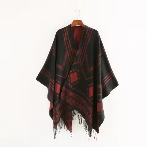 2025 Indo-Nepal Geometric-Tassel Split Poncho – Warm AC Shawl, Boho Cape for Women, 150 Chars