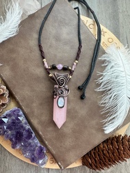 WW356 民族風 繞銅線復古做舊 wire wrap 月亮石 粉晶柱 吊咀頸鏈