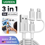 UGREEN 1.5m 3-in-1 Cable MFI Lightning Cable for i Phone, Type-C Cable Micro Cable for Suamsumg Realme