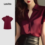 (NEW) Lovito Elegant Blouse Button Front Ruffle Commute Spring/summer Wine Red Blouse for Women L155
