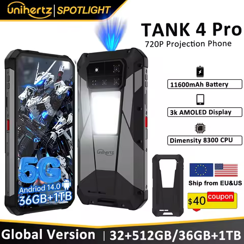 Unihertz by 8849 Tank 4 pro 5G AI Rugged Phone Built-in 720P Projector Dimensity 8300 512GB/1TB ROM