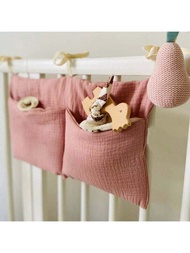 1入組/個 雙層床邊嬰兒收納袋和搖籃掛袋,帶有2個口袋,粉色奶瓶架