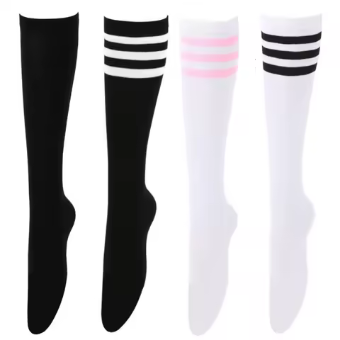 Women's Knee High Cotton Socks Streewear Harajuku Cheerleaders Black White Three-Line Striped Runnin