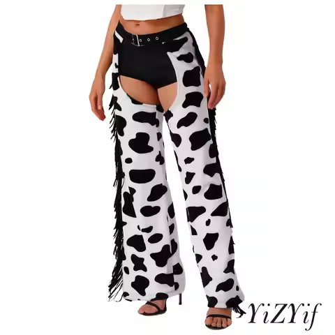 Women Comfortable Open Crotch Biking Chaps with Western Cow Spot Pattern And Elastic Waist for Cowgi
