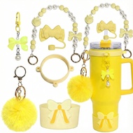 6pcs Coquette Accessories Set for Stanley 40oz 30oz Tumbler Bow Straw Cover Pearl Handle Chain Silic
