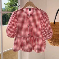 Lovito Cute Blouse Gingham Tie Front Bow Blouse for Women L101AD087