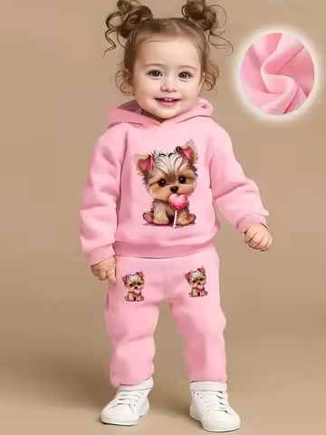 A cute dog pattern printed fleece hoodie and pants set for baby girls in autumn and winter for newbo
