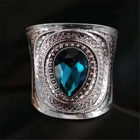 Vintage Bohemia Wide Cuff Bracelets & Bangles For Women Ancient Pulsera Water Drop Crystal Stone Ban