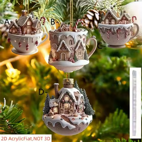 4/12pcs Coffee Cup Ornaments For Christmas Tree 2DAcrylic Christmas Snow Houses Chocolate Mug Pendan