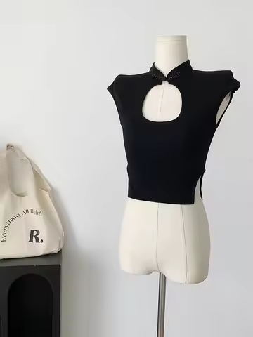 Summer Women Fashion Hollow Out Gyaru Chinese Style Sleeveless T-Shirts Stretch Slim Tees Aesthetic 