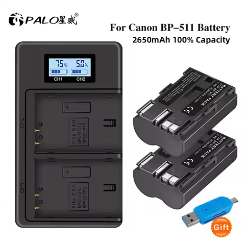 PALO 2650mAh BP-511A BP511A BP-511 BP511 Battery + LCD USB Dual Charger for Canon EOS 40D 5D 50D 20D