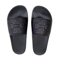 40號全新Ferragamo黑色真皮馬鞍LOGO拼軟膠涼鞋拖鞋 居家生活渡假