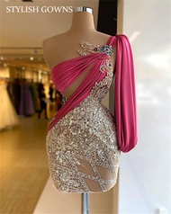 One Shoulder Pleats Short Prom Dresses With Long Sleeve 2021 Beaded Crystal Sequined Party Gowns Mer