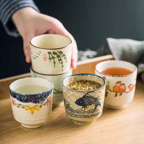 180ml Japanese Ceramic Sake Cup Traditional Hand Painted Yunomi Tea Cup for Sake Set Asian Drinkware