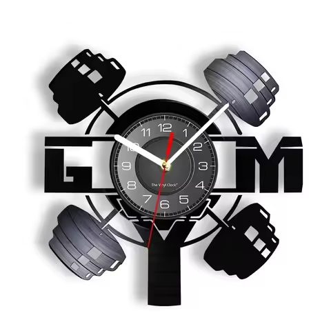 Fitness Equipment Theme Vinyl Record Fitness Wall Clock Home Decoration LED Backlight Modern Fitness