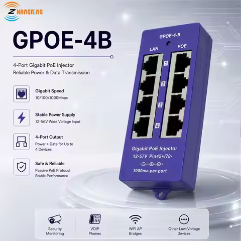 Hot Sale 4 Port Gigabit PoE Injector Midspan 24V 48V Operation Mode B for IP Camera, MikroTik and Ot