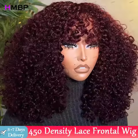 450 Density 99J Color Jerry Curly Glueless Lace Frontal Wigs Human Hair Ready To Go 13x6/360 HD Lace