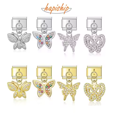 Hapiship 2023 Fashion Beautiful Cute Butterfly Dazzling CZ Charm Italian Links Fit 9mm Bracelet DIY 