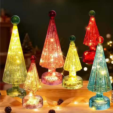 6 Pack LED Light Up Mercury Glass Christmas Trees, Pink Gold Small Xmas Trees with Ornament Tops for