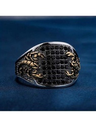 1枚土耳其底瑪瑙復古黑鑽石蠍紋男戒指,精美金色圓形男士手飾禮物