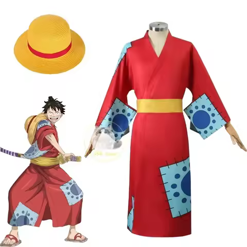 Anime Luffy Cosplay Costume, Wano Country Monkey Cosplay Kimono pour hommes adultes chapeau cardigan