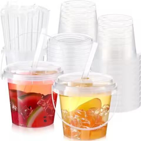 50 Set 24oz Clear Plastic Drink Buckets with Lids and Straws Disposable Iced Coffee Cups Rum Buckets