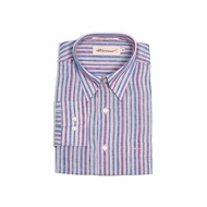 Hazard เสื้อเชิ้ตทำงานแขนยาวลายทาง ผ้า Linen(ลินิน) สีชมพูกลางลายน้ำเงินเขียว