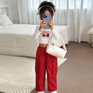 2pcs/Set Young Girl Basic Casual Cherry Print Knit Crew Neck Long Sleeve Top And Woven Straight Leg